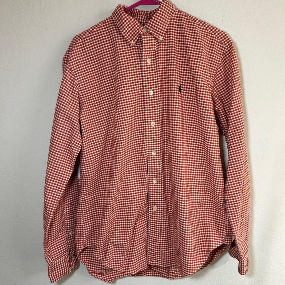 Polo Ralph Lauren Mens Long Sleeve Shirt Large Gingham Check Orange
